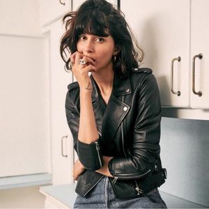 NWOT Sezane Zig Black Leather Biker Jacket, size FR 44, US 12